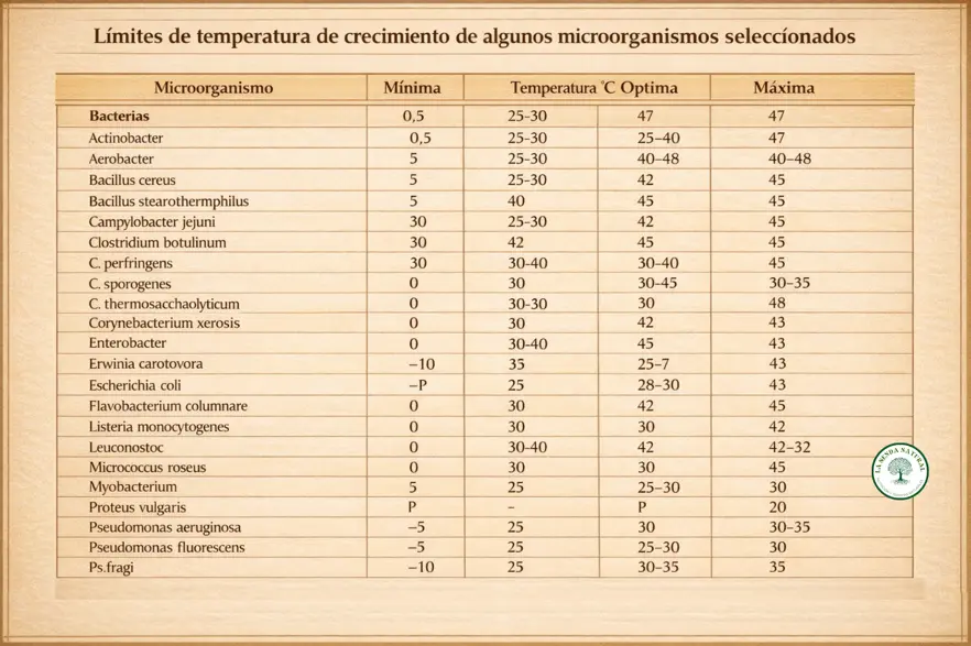 Límite de temperatura para el crecimiento de algunos microorganismos seleccionados